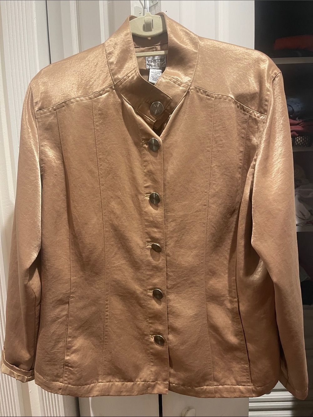 Chico's Metallic Bronze-Tan Button Front Jacket